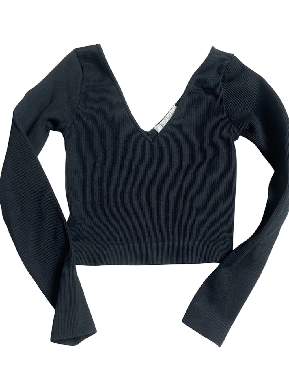 Pookie & Sebastian Black Ribbed Long Sleeve Crop Top V-Neck